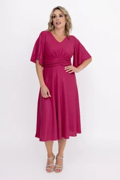 Amarantowa Sukienka błyszcząca z marszczeniem RICOTO