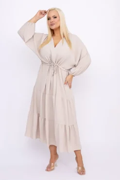 Beżowa Sukienka z rozcięciem TERUMI