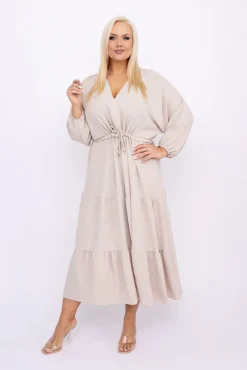 Beżowa Sukienka z rozcięciem TERUMI