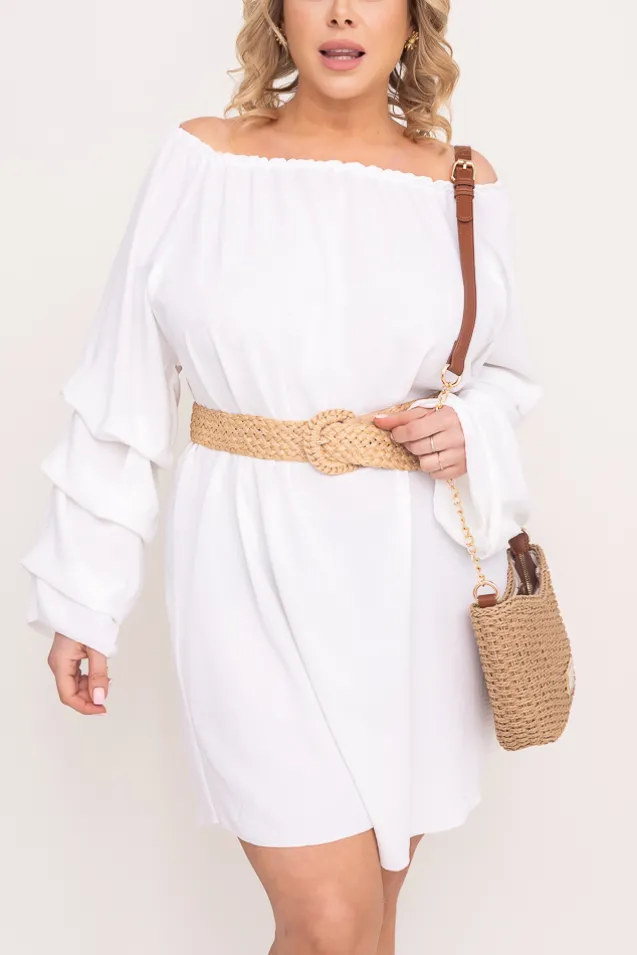 Biała Sukienka z marszczonymi rękawami LERTIA