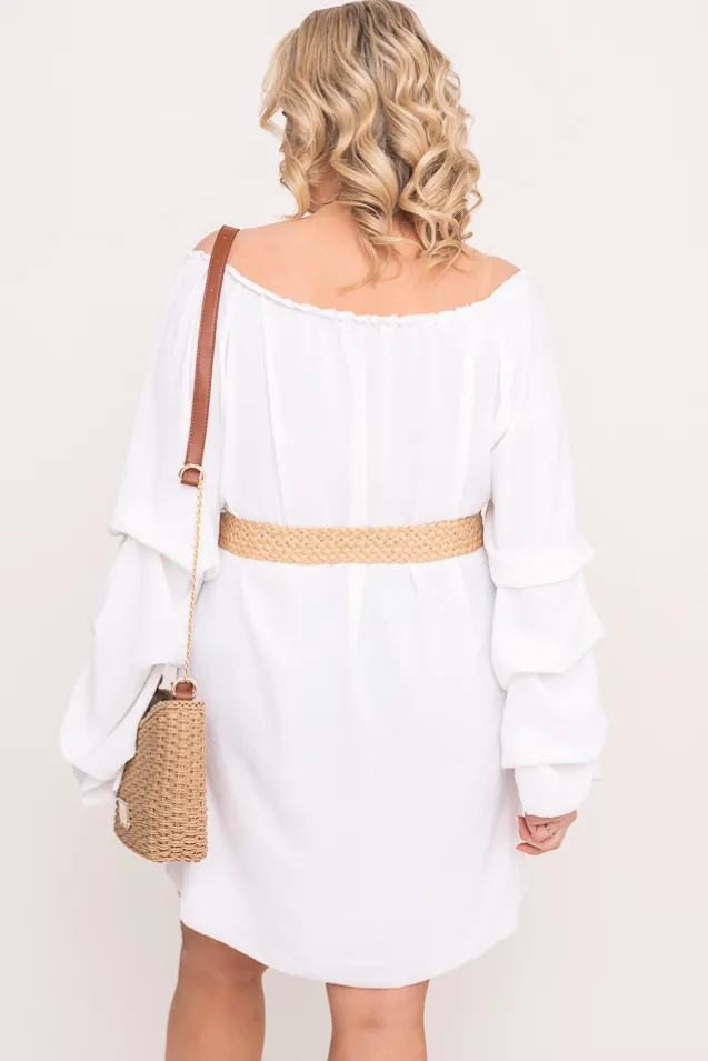 Biała Sukienka z marszczonymi rękawami LERTIA