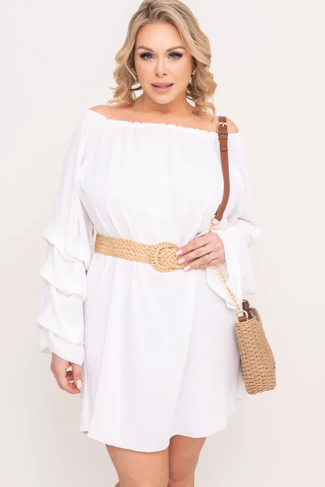 Biała Sukienka z marszczonymi rękawami LERTIA
