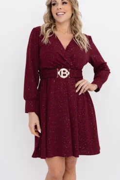 Bordowa błyszcząca Sukienka z paskiem SARMANIA