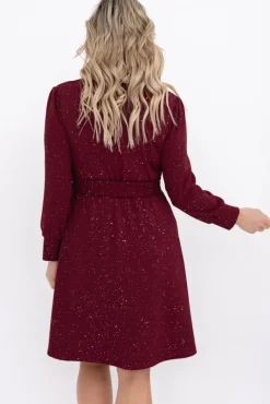 Bordowa błyszcząca Sukienka z paskiem SARMANIA