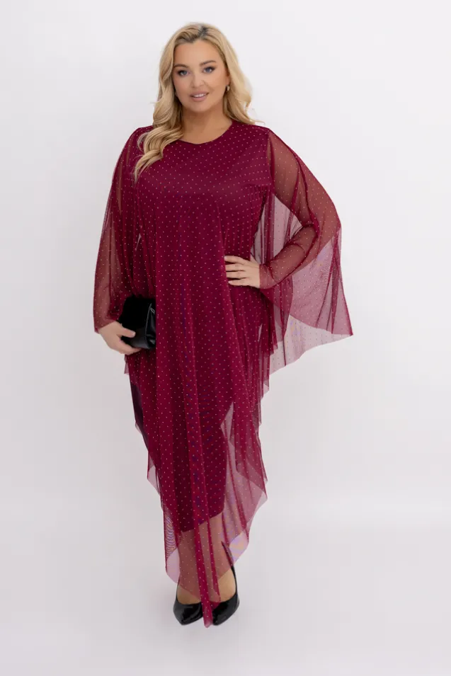 Bordowa Sukienka z siateczką BASTORIA Wzór 1
