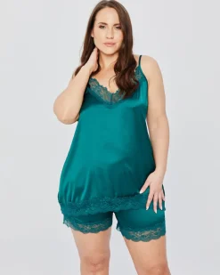 Butelkowozielona Piżama satynowa z szortami SETIA