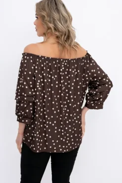 Czekoladowa Bluzka z marszczonymi rękawami HENDI Wzór 1