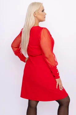 Czerwona Sukienka z prześwitującymi rękawami KAMENY