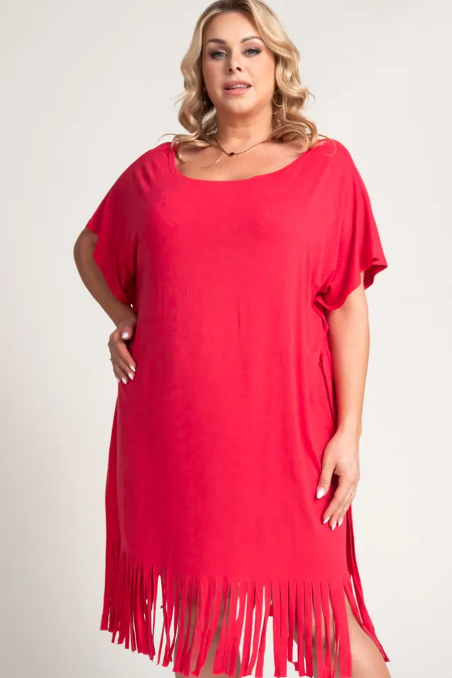 Koralowa Sukienka z frędzlami RIVINO